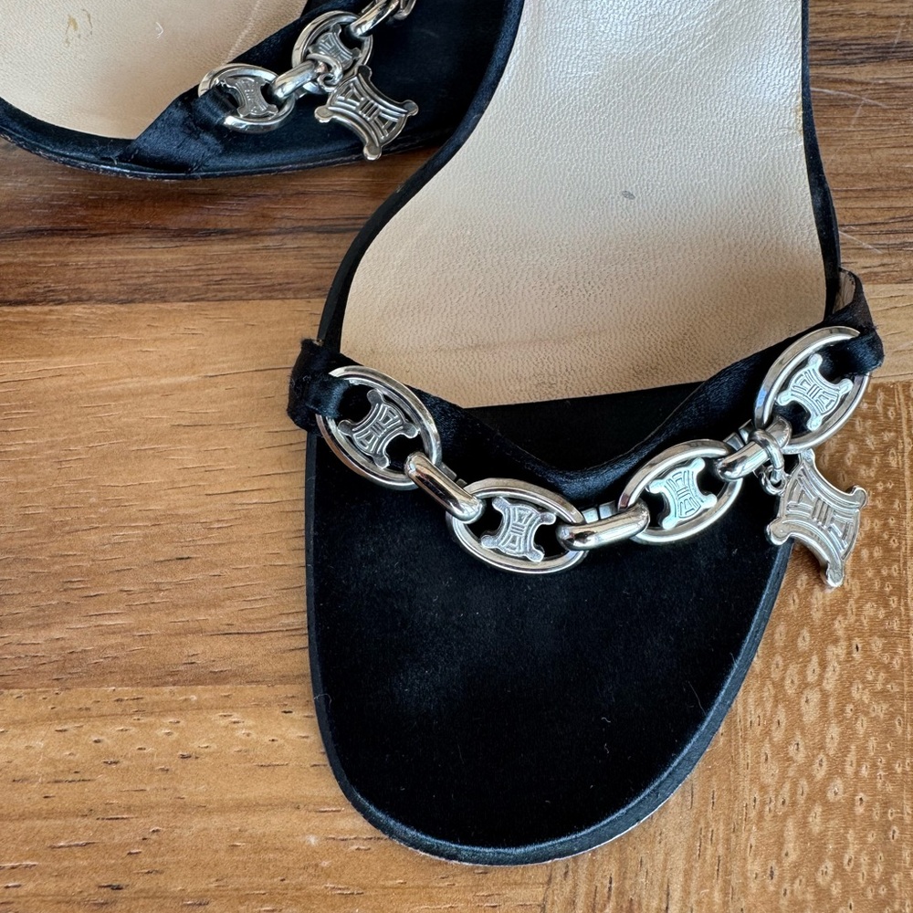 Celine Black Heeled Sandals with Silver Chain - Picture 3 of 6